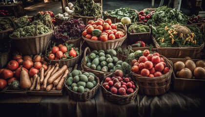 Fototapeta na wymiar Abundant variety of fresh organic fruits and vegetables in wicker basket generated by AI