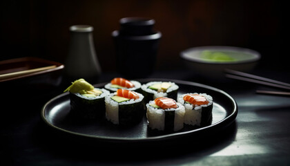 Fresh seafood meal on plate with chopsticks, maki sushi, and avocado generated by AI