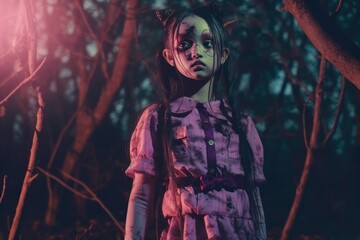 Zombie girl or baby monster in the forest, horror concept. AI generated, human enhanced