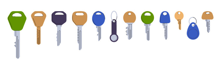 Door keys vector set. Modern keys different ornament heads. Metal elements for locks of boxes, flat,