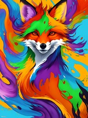 Colorful orange yellow purple green face fox portrait head on multicolored in aquarelle style, creative abstract white background with colourful ink watercolor painting.