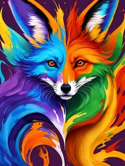 Colorful orange yellow purple green face fox portrait head on multicolored in aquarelle style, creative abstract white background with colourful ink watercolor painting.