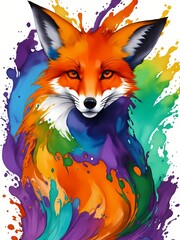 Colorful orange yellow purple green face fox portrait head on multicolored in aquarelle style, creative abstract white background with colourful ink watercolor painting.