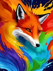 Colorful orange yellow purple green blue face fox profile portrait head on multicolored in aquarelle style, creative abstract background with colourful ink watercolor painting.