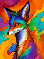 Colorful orange purple green yellow blue face fox profile portrait head on multicolored in aquarelle style, creative abstract background with rainbow ink watercolor painting.