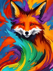 Colorful orange yellow purple green face fox portrait head on multicolored in aquarelle style, creative abstract white background with colourful ink watercolor painting.