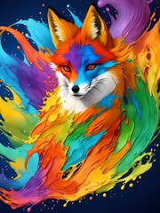Colorful orange yellow purple green face fox portrait head on multicolored in aquarelle style, creative abstract white background with colourful ink watercolor painting.