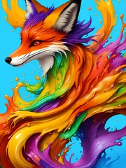 Colorful orange yellow purple green face fox profile portrait head on multicolored in aquarelle style, creative abstract blue background with colourful ink watercolor painting.