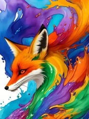 Colorful orange yellow purple green face fox profile portrait head on multicolored in aquarelle style, creative abstract white background with colourful ink watercolor painting.
