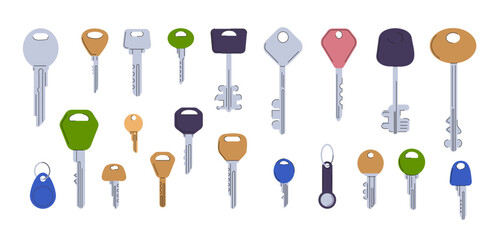 Door keys vector set. Modern keys different ornament heads. Metal elements for locks of boxes, flat,