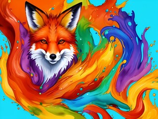 Colorful orange yellow purple green face fox portrait head on multicolored in aquarelle style, creative abstract white background with colourful ink watercolor painting.