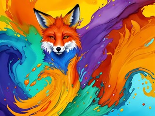 Colorful orange yellow purple green face fox portrait head on multicolored in aquarelle style, creative abstract white background with colourful ink watercolor painting.