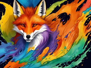 Colorful orange yellow purple green face fox portrait head on multicolored in aquarelle style, creative abstract white background with colourful ink watercolor painting.