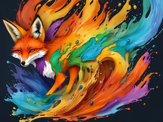 Colorful orange yellow purple green face fox profile portrait head on multicolored in aquarelle style, creative abstract white background with colourful ink watercolor painting.