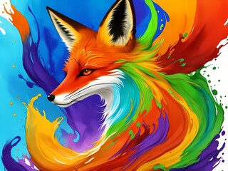Colorful orange yellow purple green face fox profile portrait head on multicolored in aquarelle style, creative abstract white background with colourful ink watercolor painting.