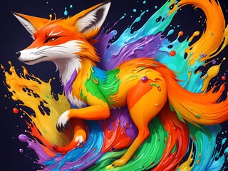 Colorful orange yellow purple green face fox body profile portrait head on multicolored in aquarelle style, creative abstract white background with colourful ink watercolor painting.