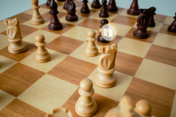 chess Book moves. Chess pieces lined up on the board. London System Sicilian defense. Game start.