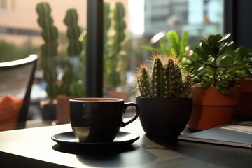 a cup of coffee in a black pot with a cactus in a cozy office with a tablet in the distance. Generative AI