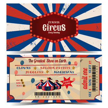 Circus ticket template. Front and back. Carnival ticket. Ready to print. Cmyk vector illustration	