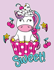 illustration unicorn on cherry cupcake