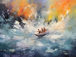 Obraz na płótnie Canvas An exquisite painting of kayakers crossing wild rapids. Generative AI