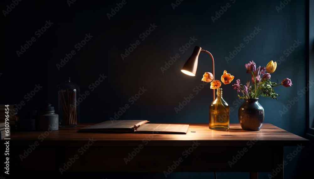 Poster old fashioned library with rustic bookshelf and illuminated lantern decoration generated by ai