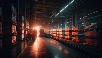 Fototapeta premium Freight transportation industry delivering cargo containers with forklift inside warehouse generated by AI