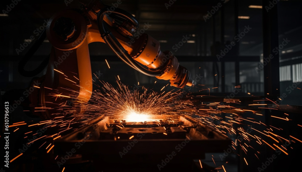 Poster metalworker welding with precision in an automated steel factory workshop generated by ai