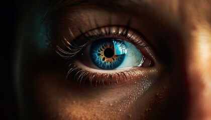 Fototapeta premium Close up of a Caucasian woman blue eye, staring into nature generated by AI