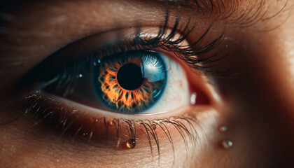 Naklejka premium Close up of one woman beautiful blue eye, staring at camera generated by AI