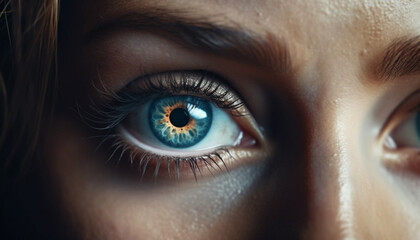 Fototapeta premium Young adult female staring at camera with blue eyes and brown hair generated by AI