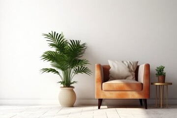 Illustration of a living room interior wall mockup with a tan brown leather armchair, a pillow, and a green plant in a container against a blank white wall. Generative AI