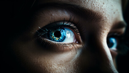 Blue eyed woman staring, macro lens captures beauty of human eye generated by AI