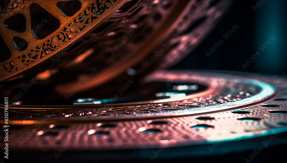 Poster abstract metallic machinery creates futuristic computer chip pattern on blue disk generated by ai