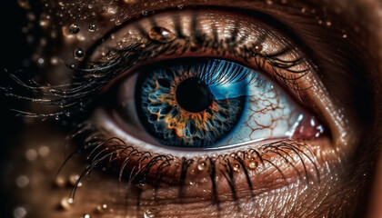 Obraz premium Blue eyed woman staring at camera with shiny wet iris generated by AI