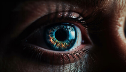 Fototapeta premium Blue eyed adult staring at camera with selective focus on cornea generated by AI