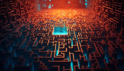 Glowing blue backdrop illuminates complex binary code in a futuristic maze generated by AI