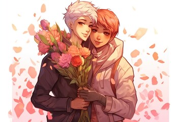 lgbtq cartoon couple on valentine's day is hugging, with bouquet of flowers, illustration generative ai