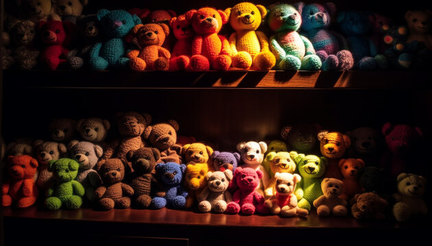 A colorful collection of cute stuffed animals sitting in a row generated by AI