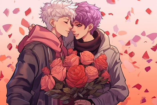 lgbtq cartoon couple on valentine's day is hugging, with bouquet of flowers, illustration generative ai