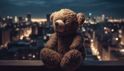 Cute teddy bear sits in fluffy dusk, overlooking city skyline generated by AI