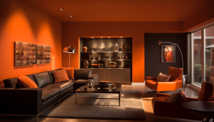 Elegant apartment decor features wood armchair, orange vase, and comfortable sofa generated by AI