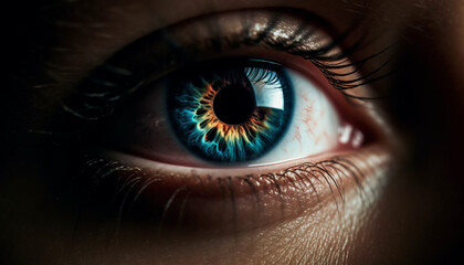 Obraz premium Blue eyed woman staring at camera with macro view of iris generated by AI