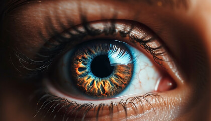 Caucasian adult staring with blue eyes into camera lens reflection generated by AI