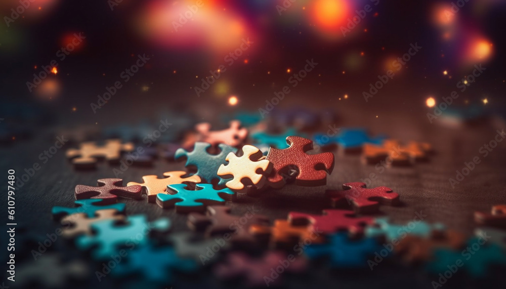 Poster multi colored puzzle pieces glow, forming a pattern of success and order generated by ai