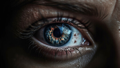 Fototapeta premium Selective focus captures abstract beauty of blue eyed human gaze generated by AI