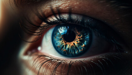 Fototapeta premium Blue eyed women staring, watching with beauty in dark lens generated by AI
