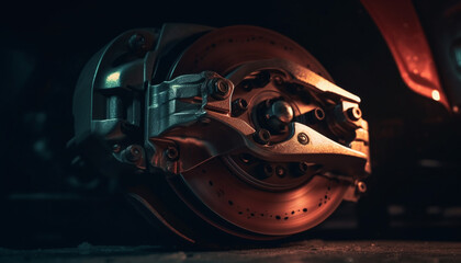 Fototapeta premium Metal worker repairing brake part of land vehicle in factory generated by AI