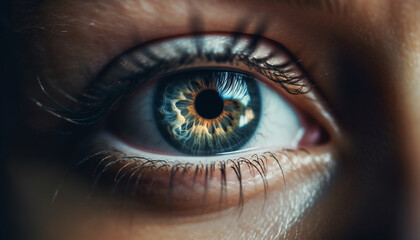Blue eyed woman staring with abstract beauty, part of anatomy portrait generated by AI