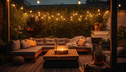 Luxury armchair and sofa in comfortable living room with illuminated Christmas tree generated by AI